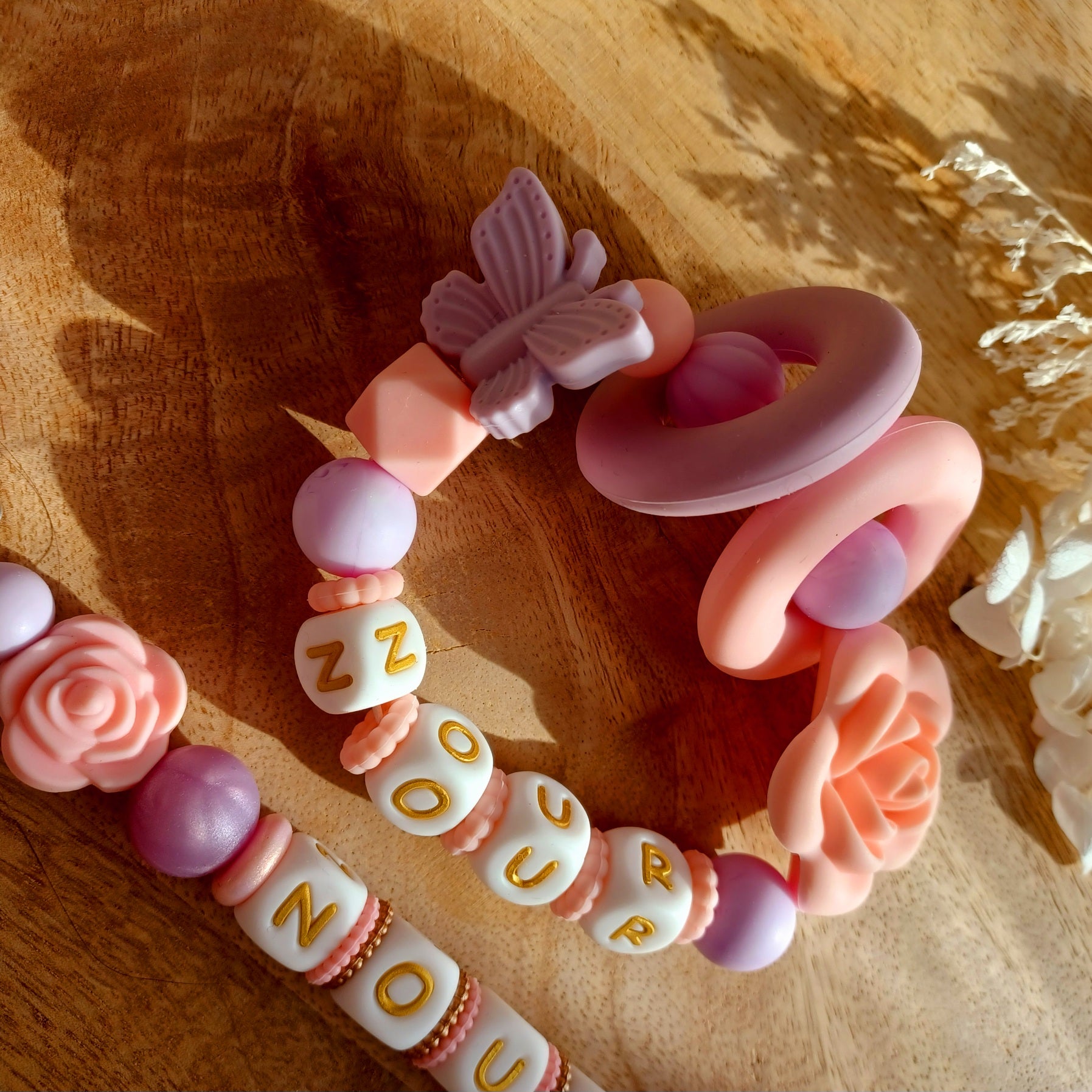 Attache tétine silicone, Rose, Papillon violet