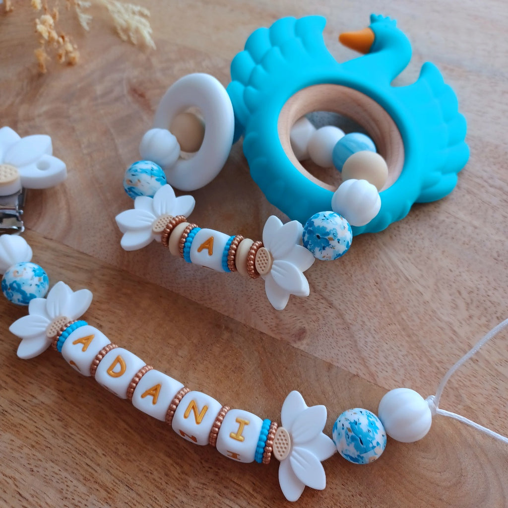Attache tétine silicone perles imprimées, cadeau naissance, Lotus bleu-blanc. Adani