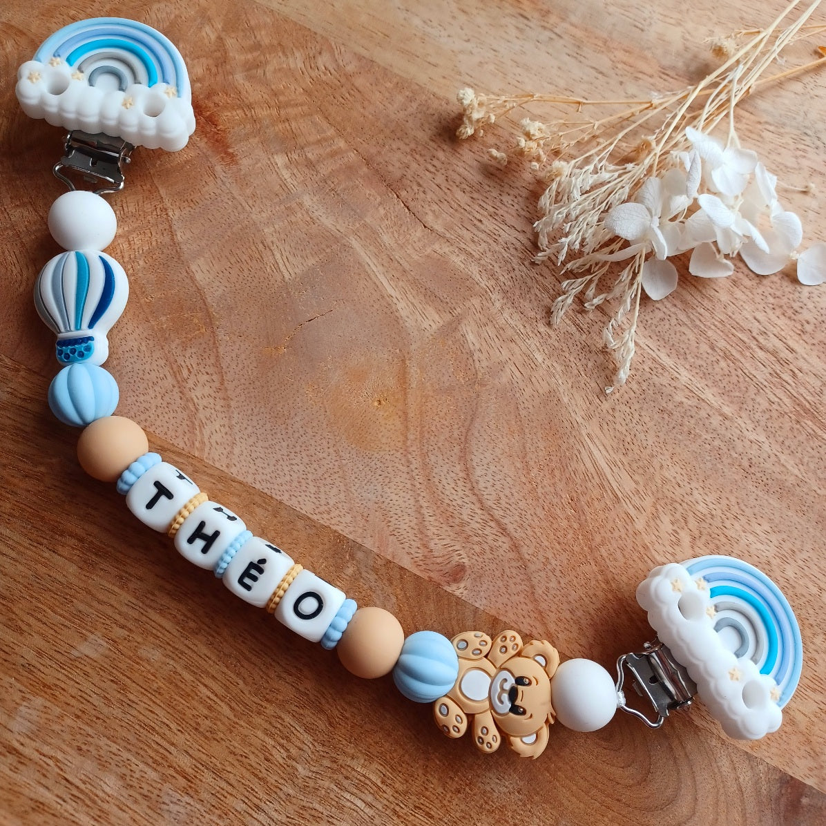 Attache doudou silicone perles imprimées, cadeau naissance, Arc en Ciel Bleu Ours Beige