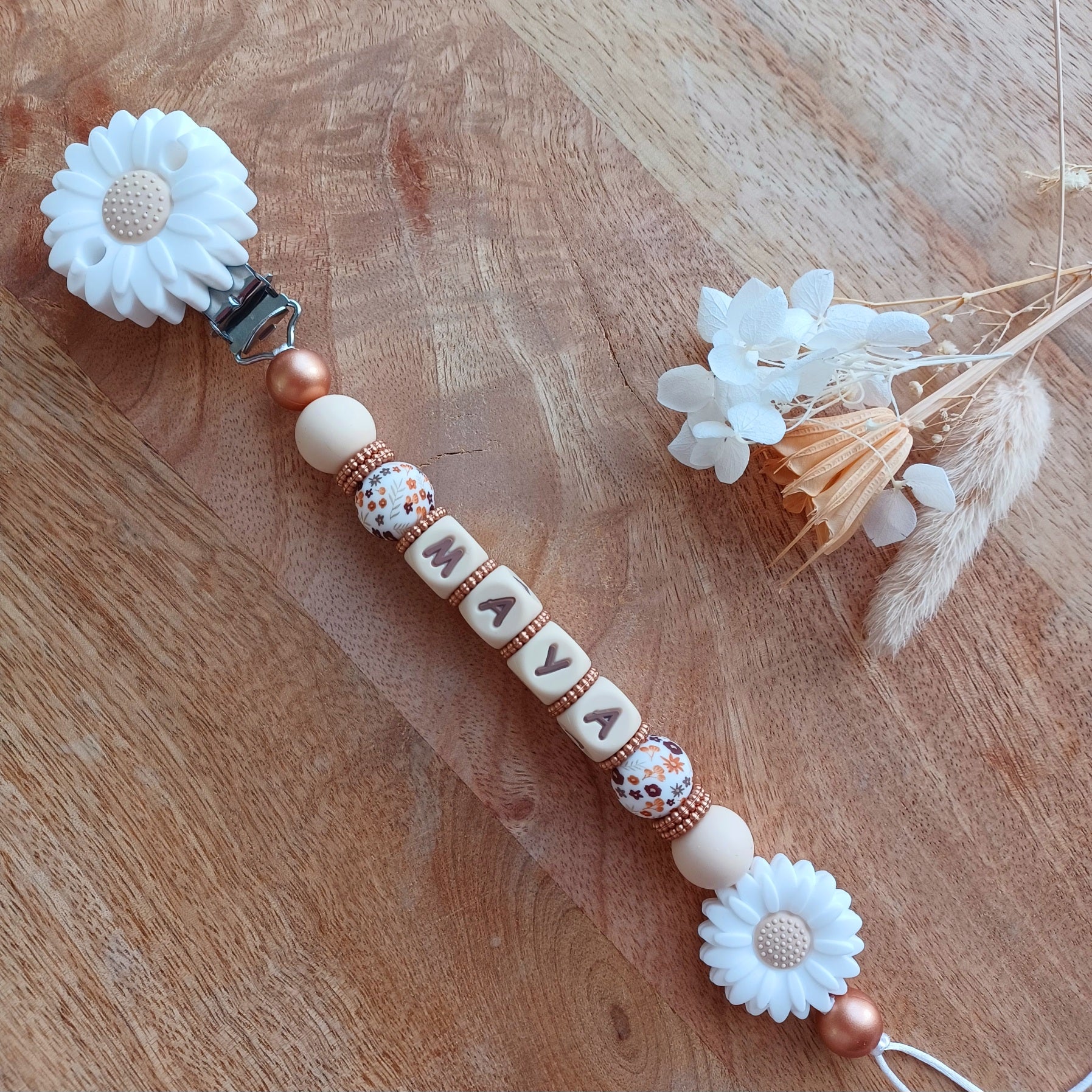 Attache tétine silicone perles imprimées, cadeau naissance, Marguerite Blanc