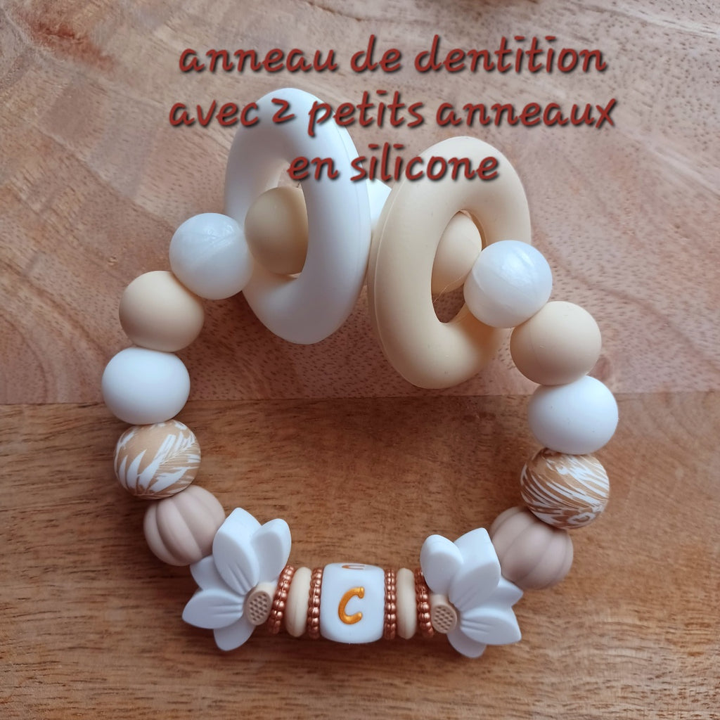 Attache tétine silicone perles imprimées, cadeau naissance, Lotus crème-blanc