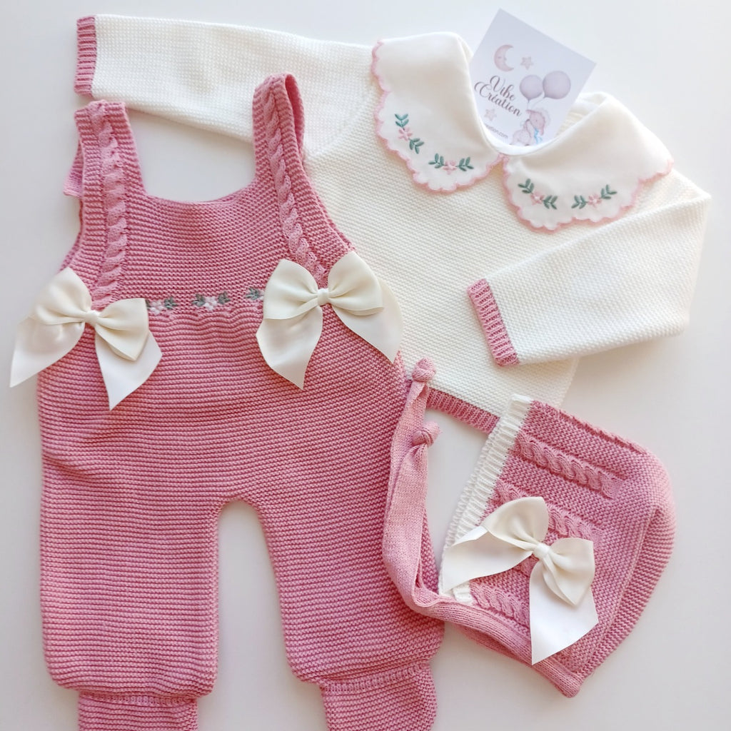 Ensemble Personnalisable salopette longue, pull et bonnet en maille pour bébé. Rose Rose Poudré