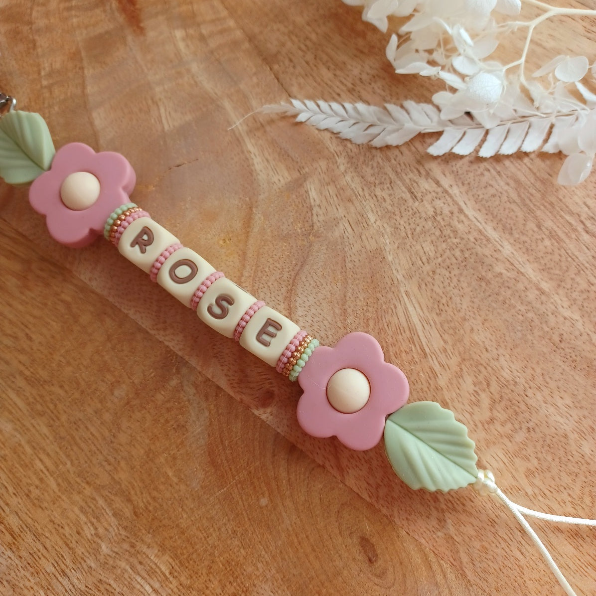 Attache tétine silicone, papillon, vieux rose, beige. Rose