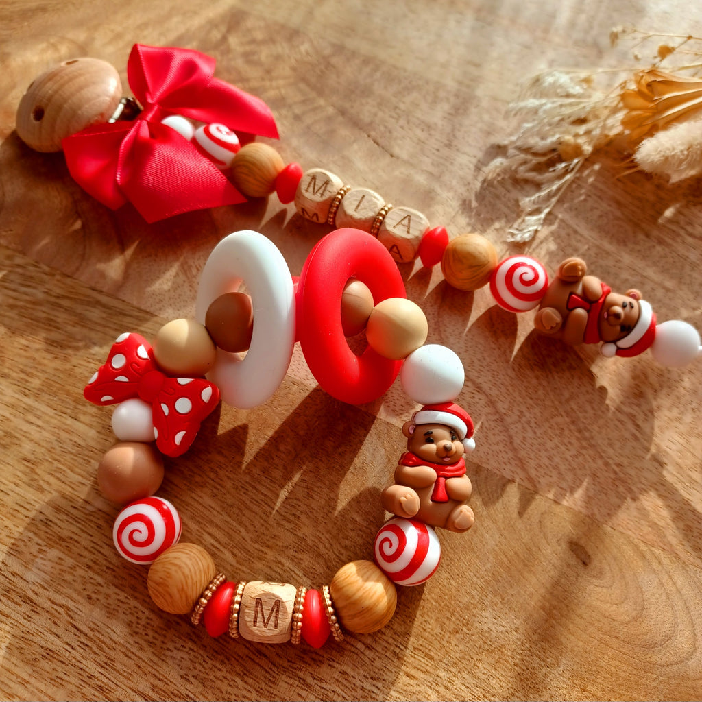 Attache tétine silicone perles imprimées, cadeau naissance, Noël, rouge, blanc, choco