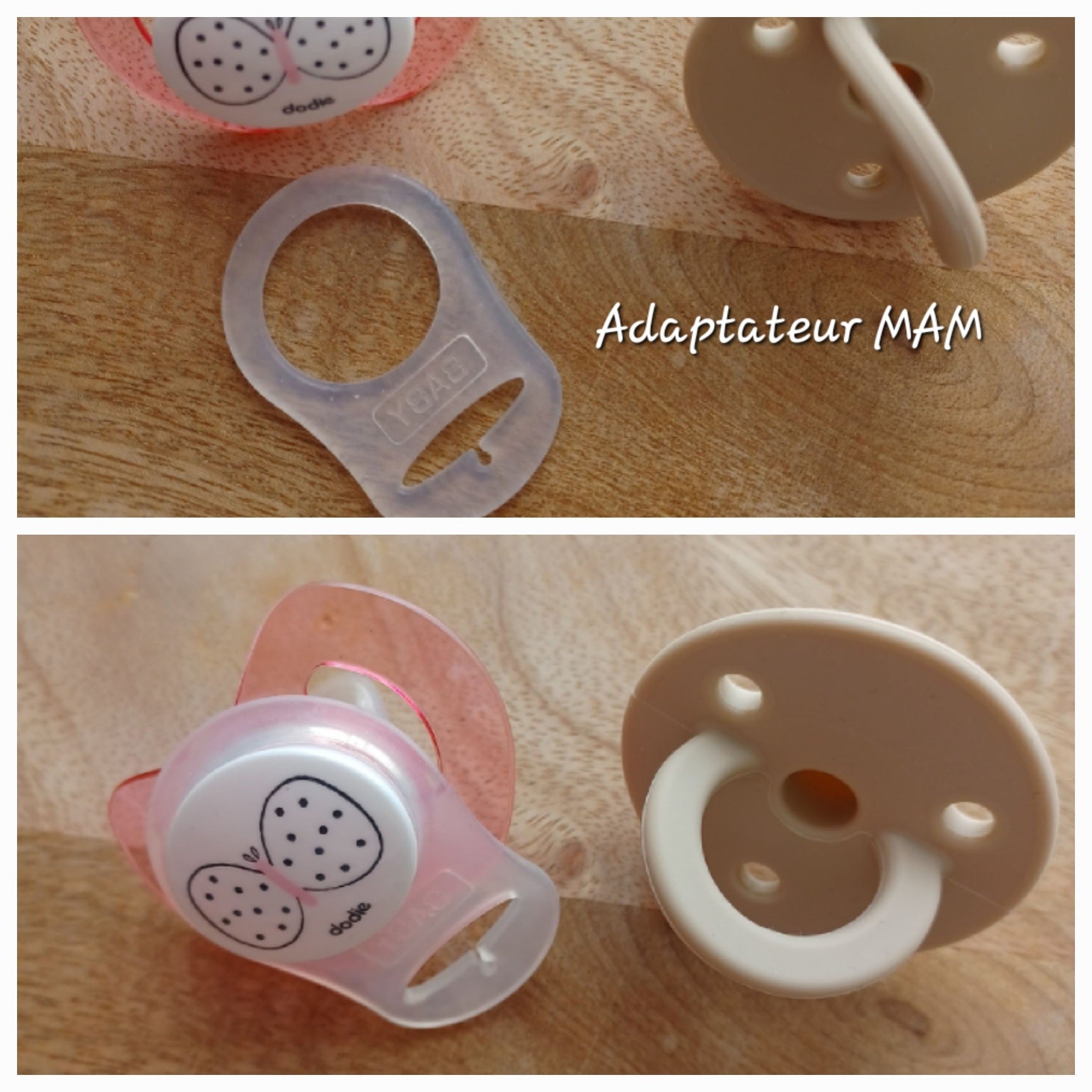 Attache tétine silicone perles imprimées, cadeau naissance, cœur beige.