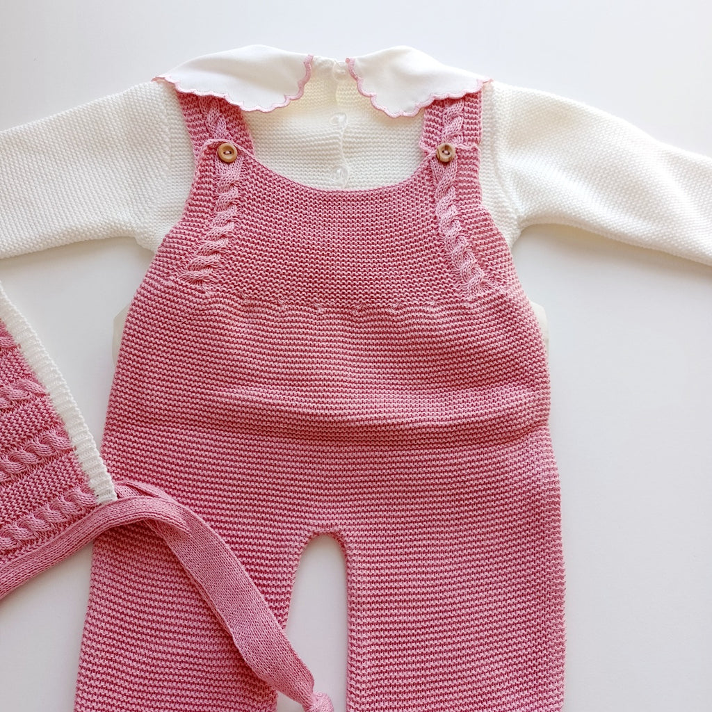 Ensemble Personnalisable salopette longue, pull et bonnet en maille pour bébé. Rose Rose Poudré