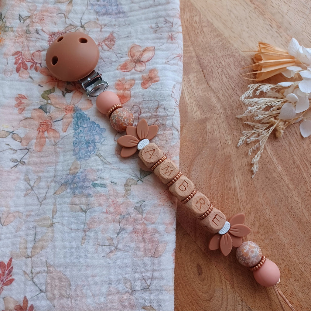 Attache tétine silicone, choco, Fleurs Liberty