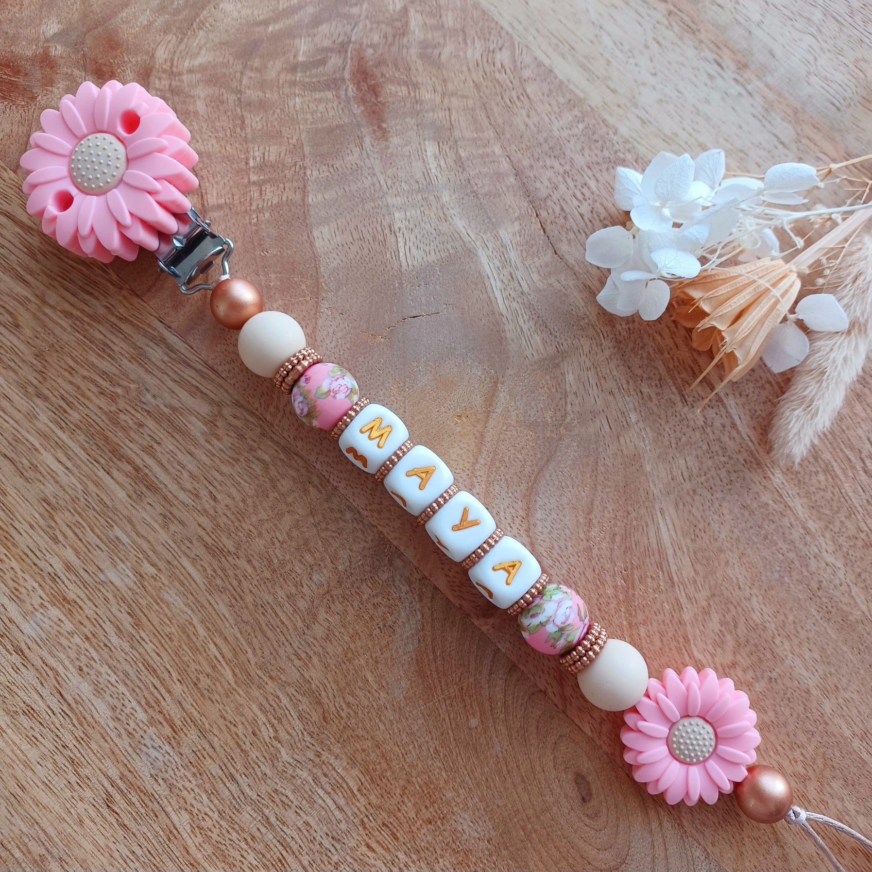 Attache tétine silicone perles imprimées, cadeau naissance, Marguerite Baby Rose