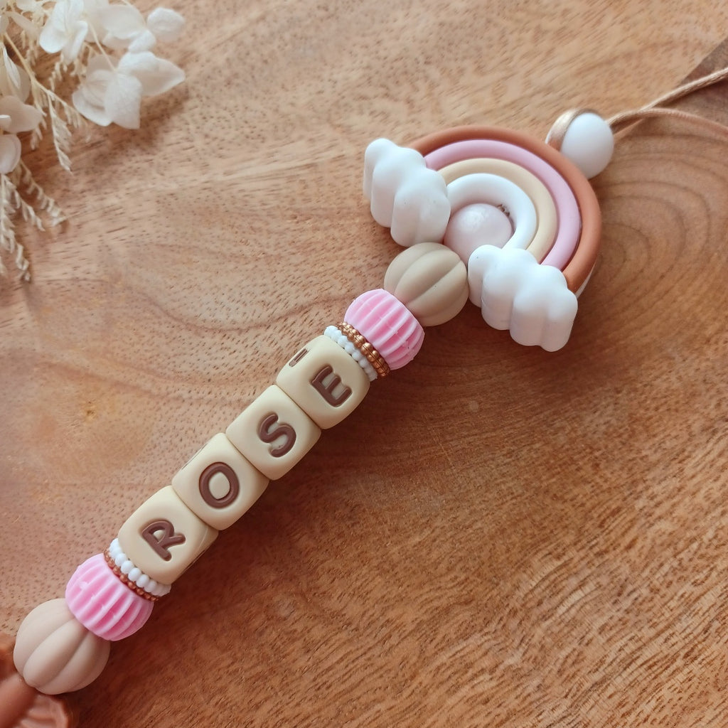 Attache tétine silicone, arc en ciel, marron. Rose