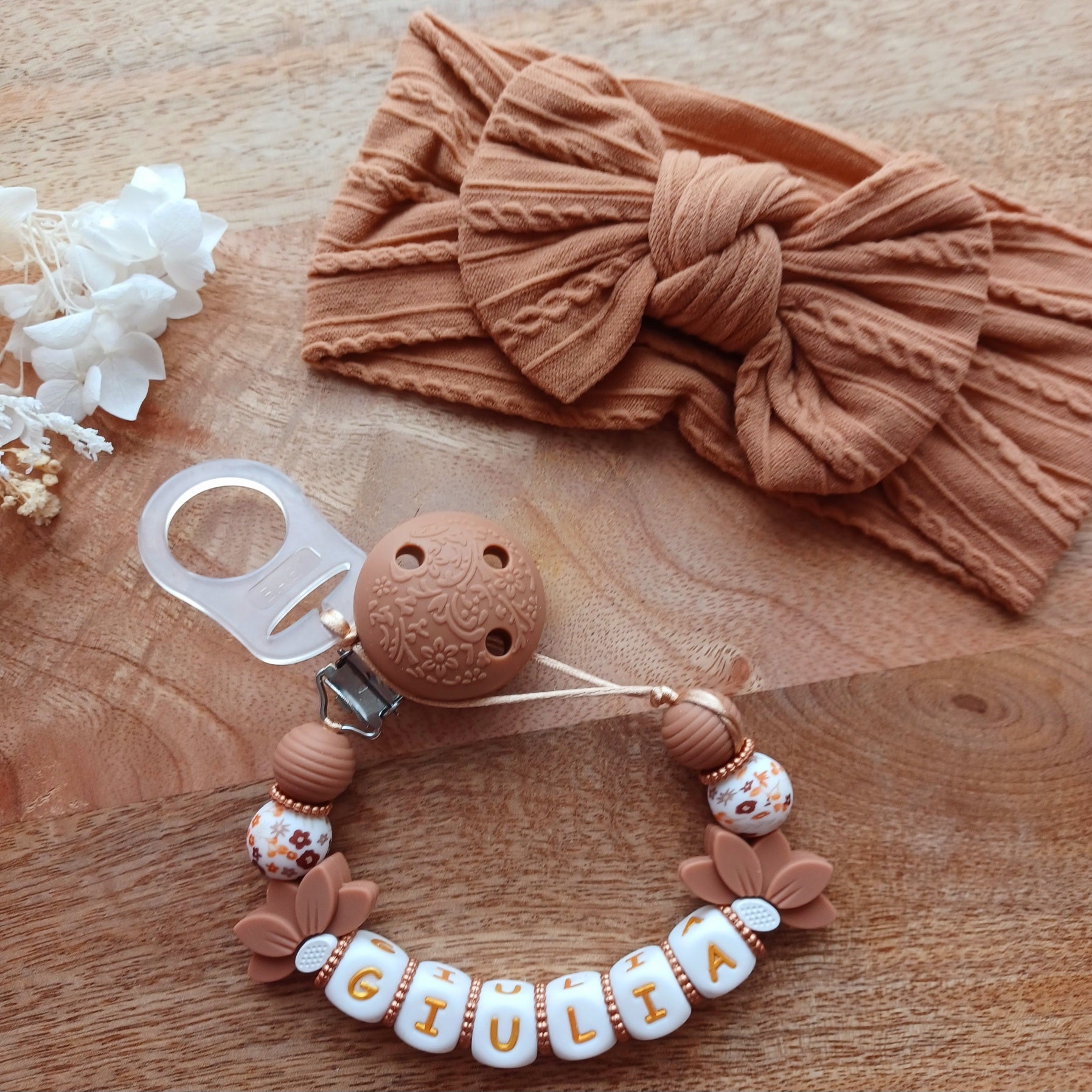 Attache tétine silicone perles imprimées, cadeau naissance, Léana