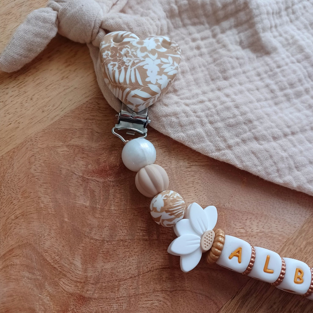 Attache doudou silicone perles imprimées, cadeau naissance, Beige-Blanc