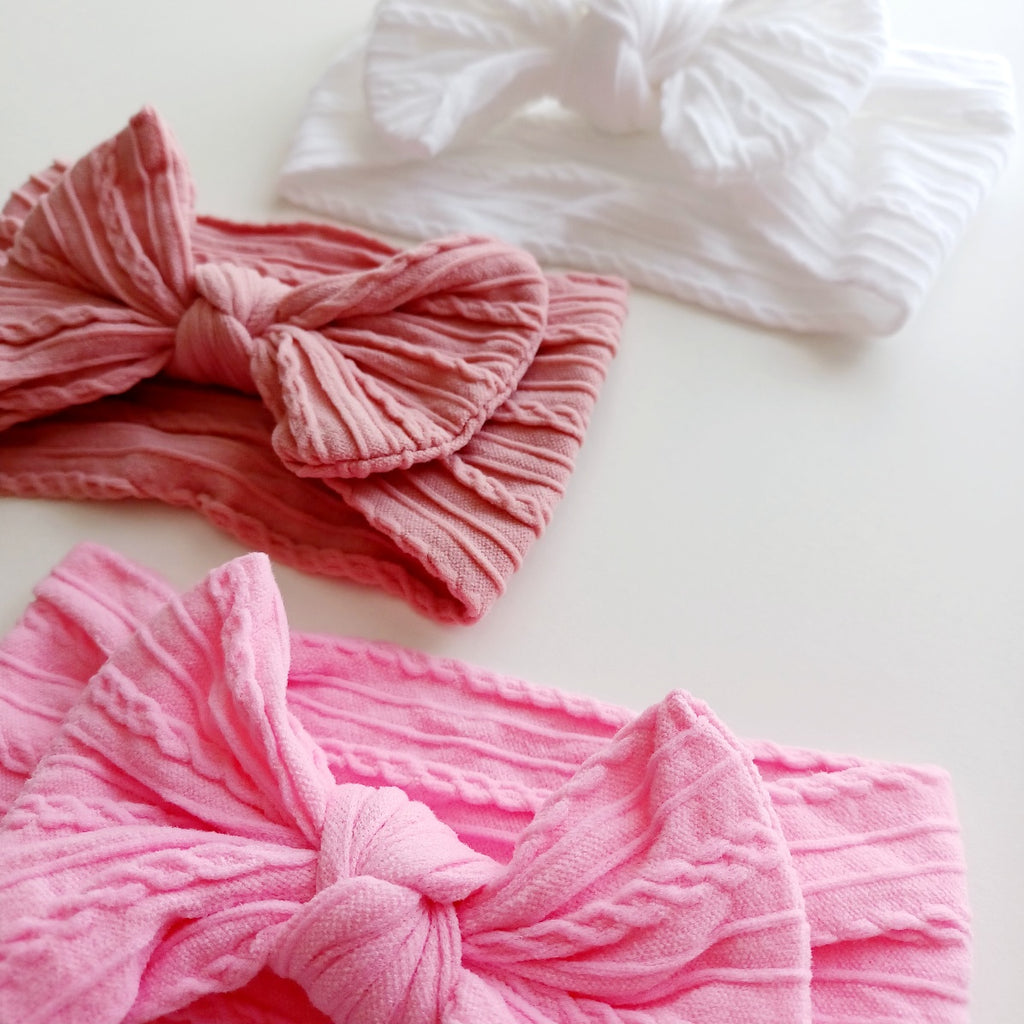 Bandeau bébé élastique avec nœud – Doux, extensible et confortable (Blanc, Rose, Rose Poudré)