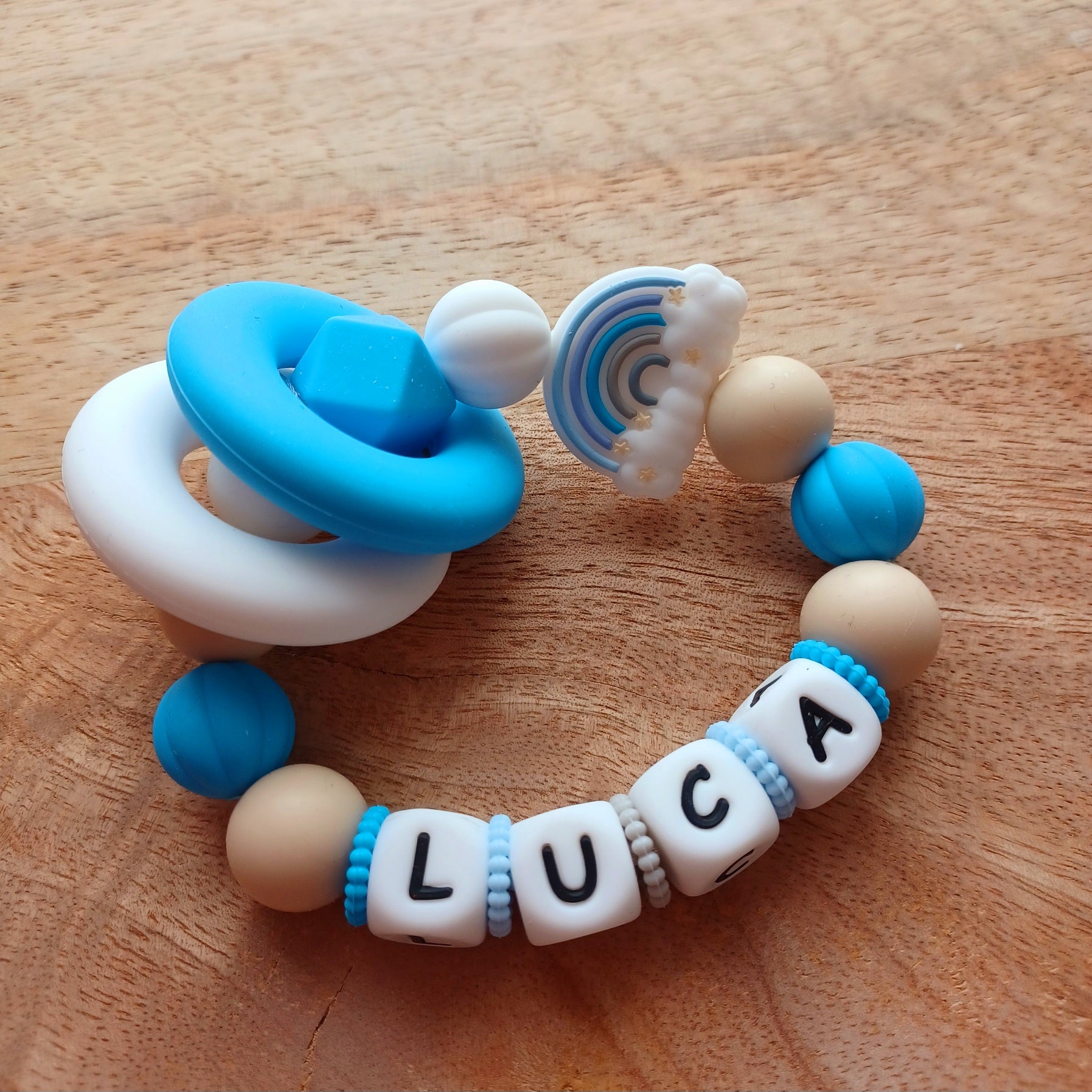 Attache tétine silicone, Arc-en-ciel, ourson, bleu ciel, beige.