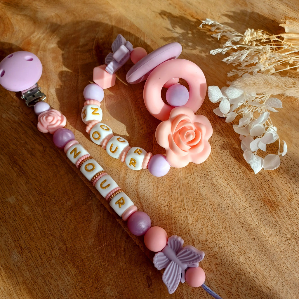 Attache tétine silicone, Rose, Papillon violet