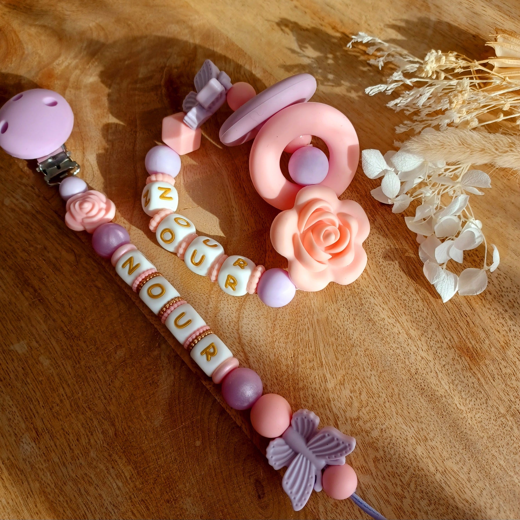 Attache tétine silicone, Rose, Papillon violet