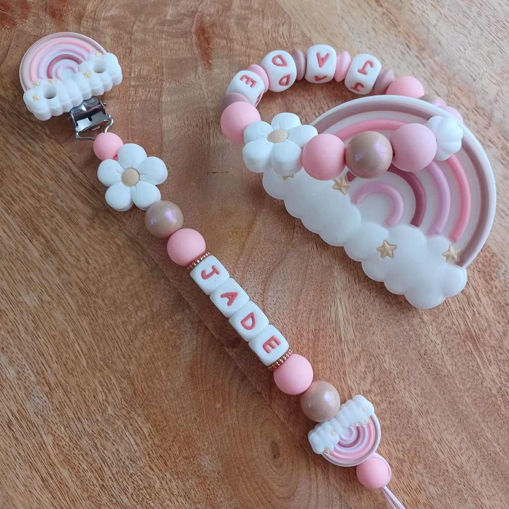 Attache tétine silicone perles imprimées, cadeau naissance, Arc en ciel Rose