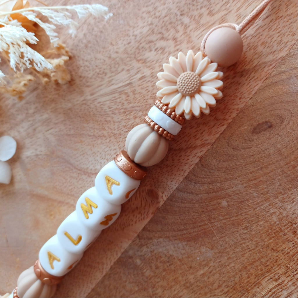Attache tétine silicone, marguerites, caramel