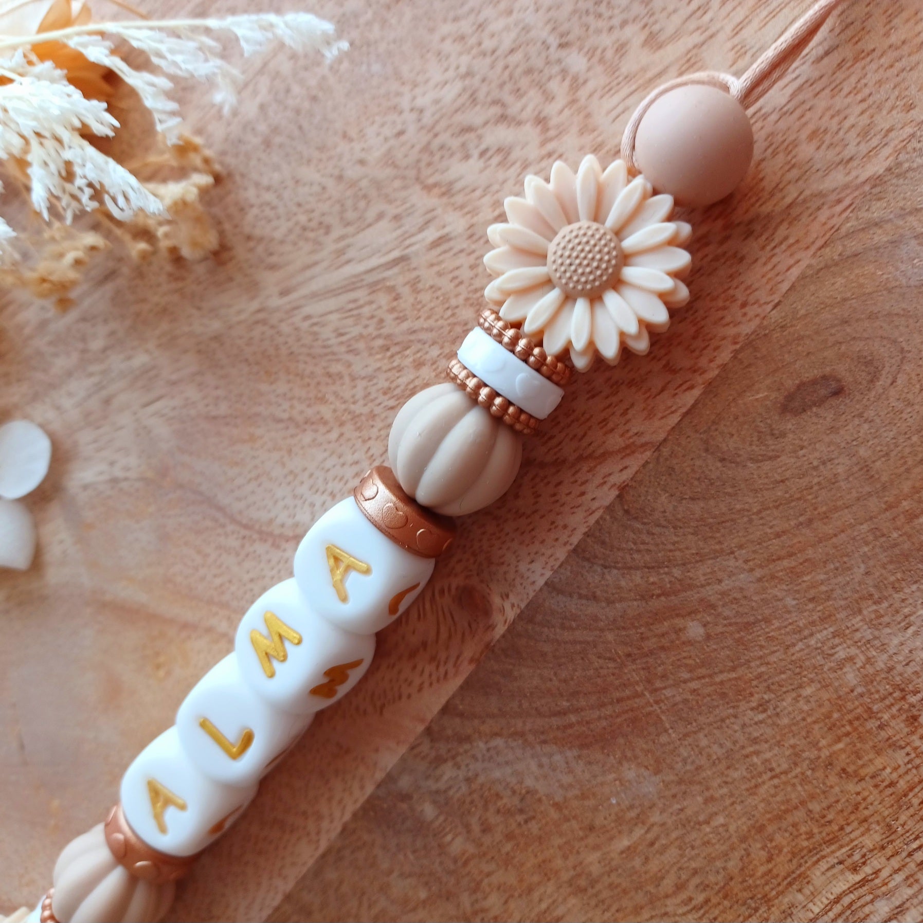 Attache tétine silicone, marguerites, caramel