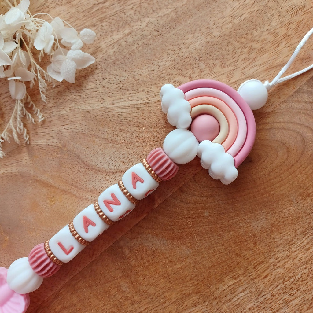 Attache tétine silicone, arc en ciel, rose . Lana