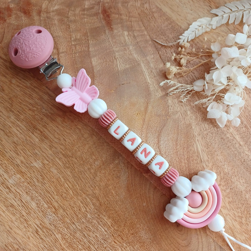 Attache tétine silicone, arc en ciel, rose . Lana