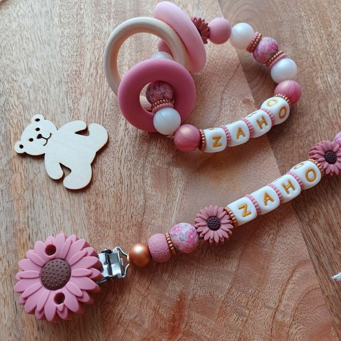 Attache tétine silicone, Marguerite, vieux rose