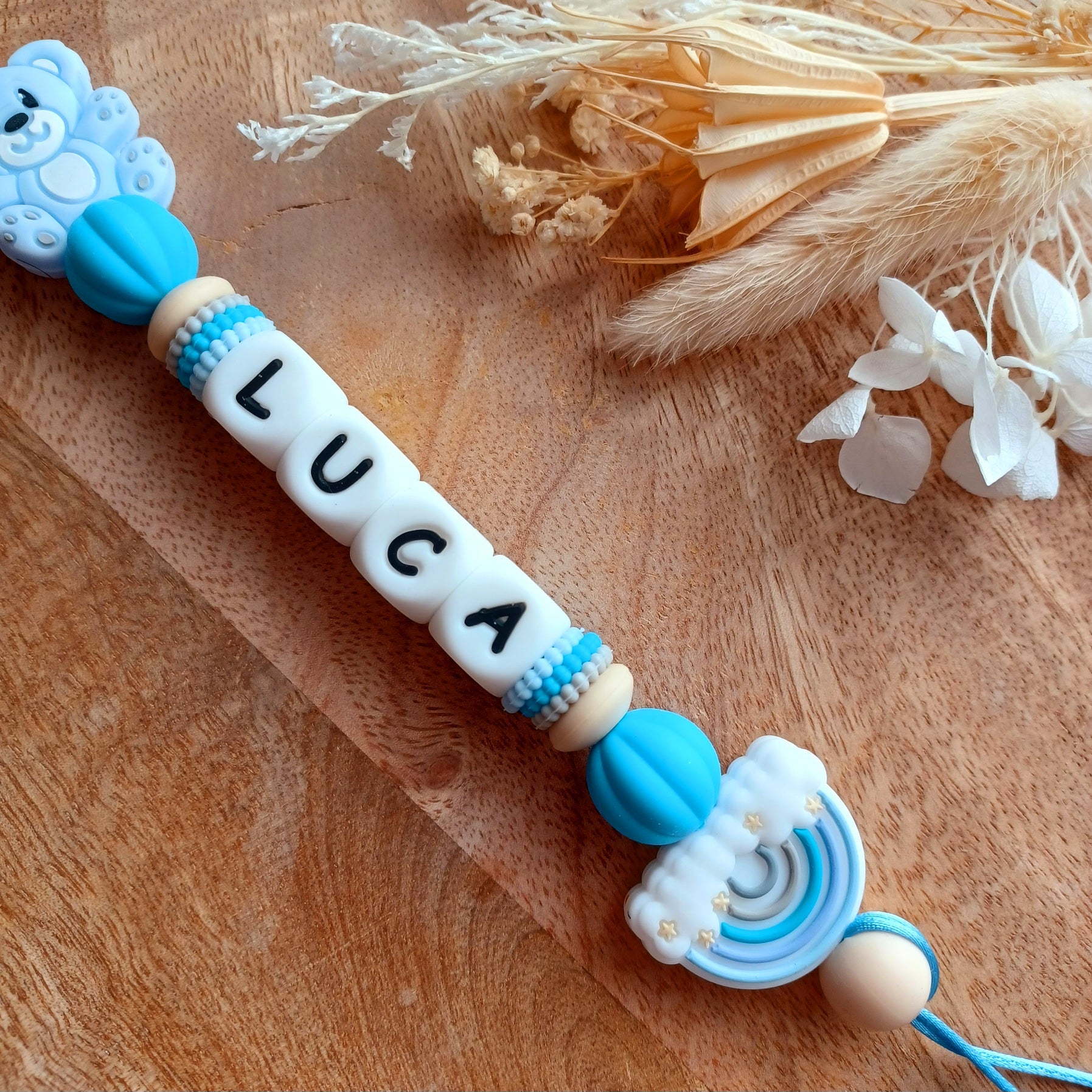 Attache tétine silicone, Arc-en-ciel, ourson, bleu ciel, beige.