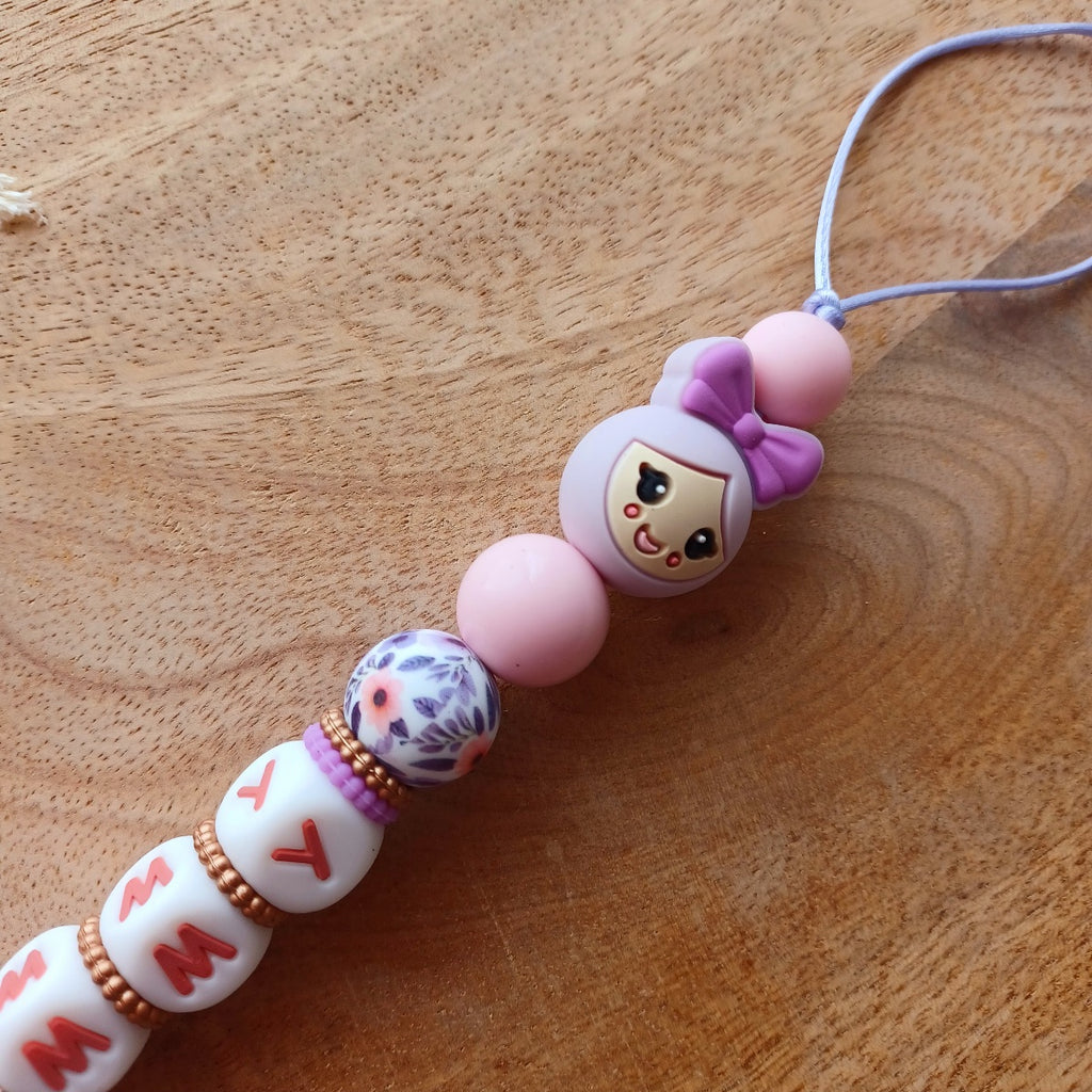 Attache Tétine Personnalisé Fille avec Prénom – Silicone Alimentaire Sans BPA – Motif Floral Rose & Violet – Cadeau Naissance Bébé. Emmy