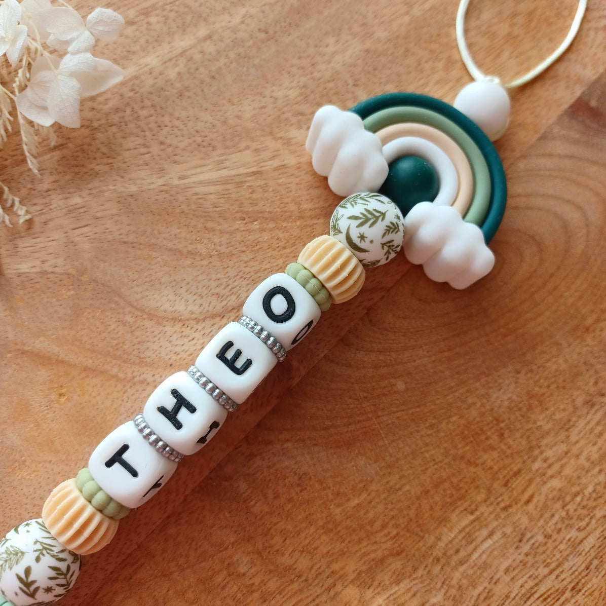 Attache tétine silicone, arc en ciel, Vert. Theo