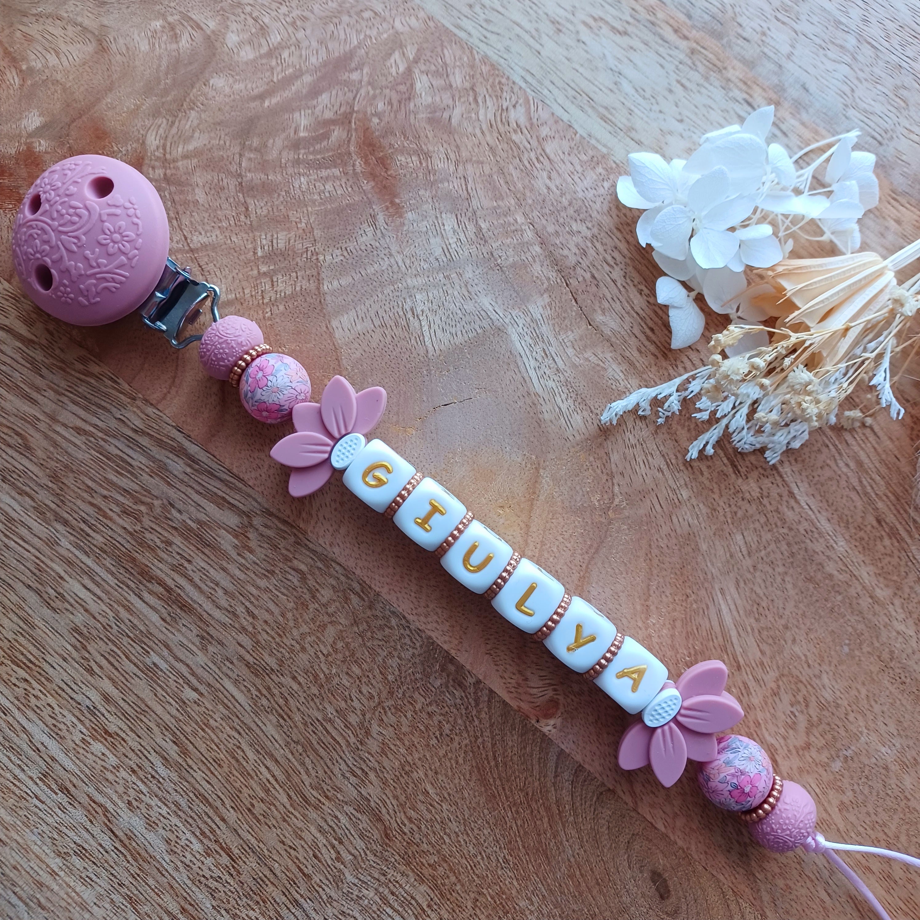 Attache tétine silicone, Arc-en-ciel, fleur rose-blanc.