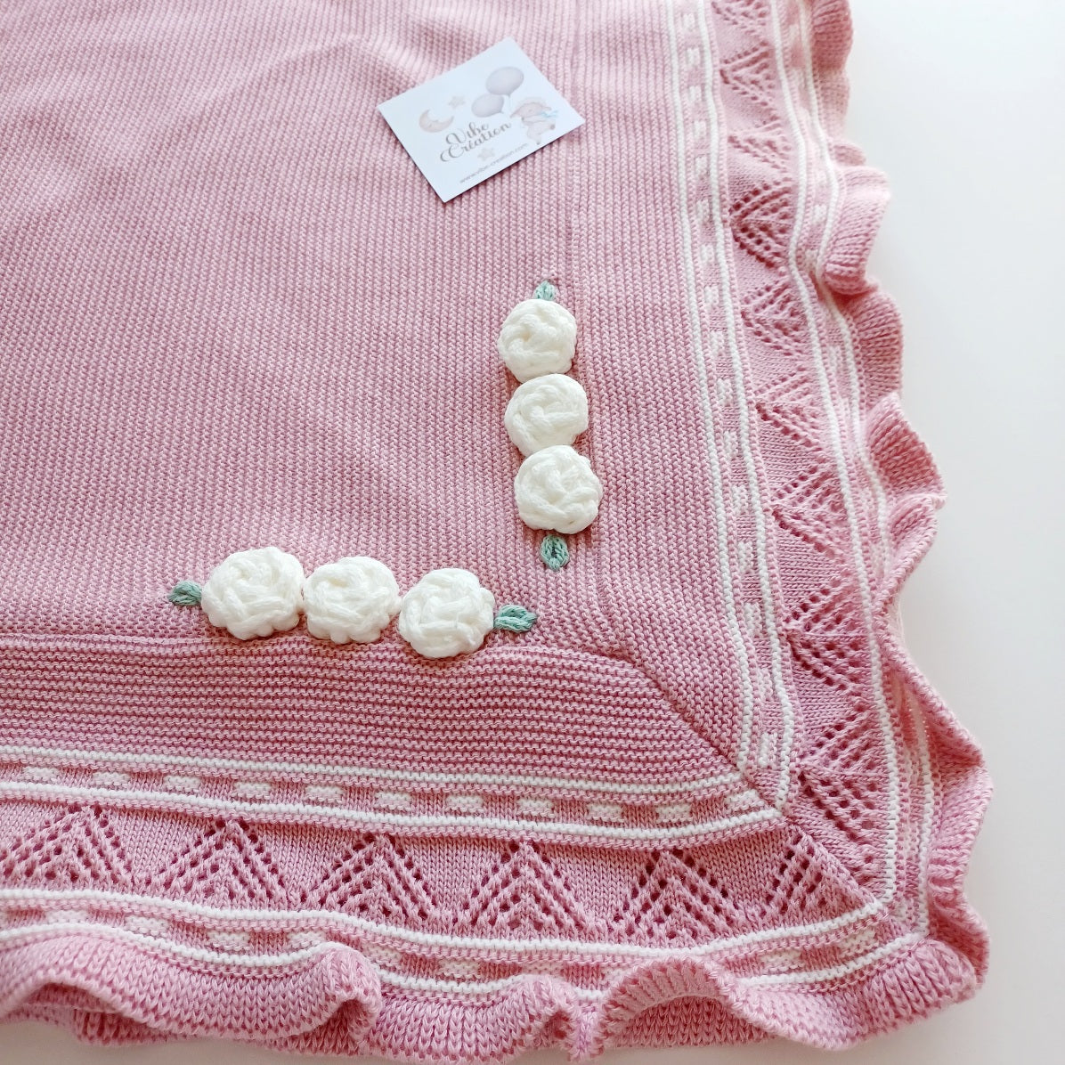 Couverture bébé tricot coton, personnalisable. Modèle Sarah, Couleur Rose Poudré