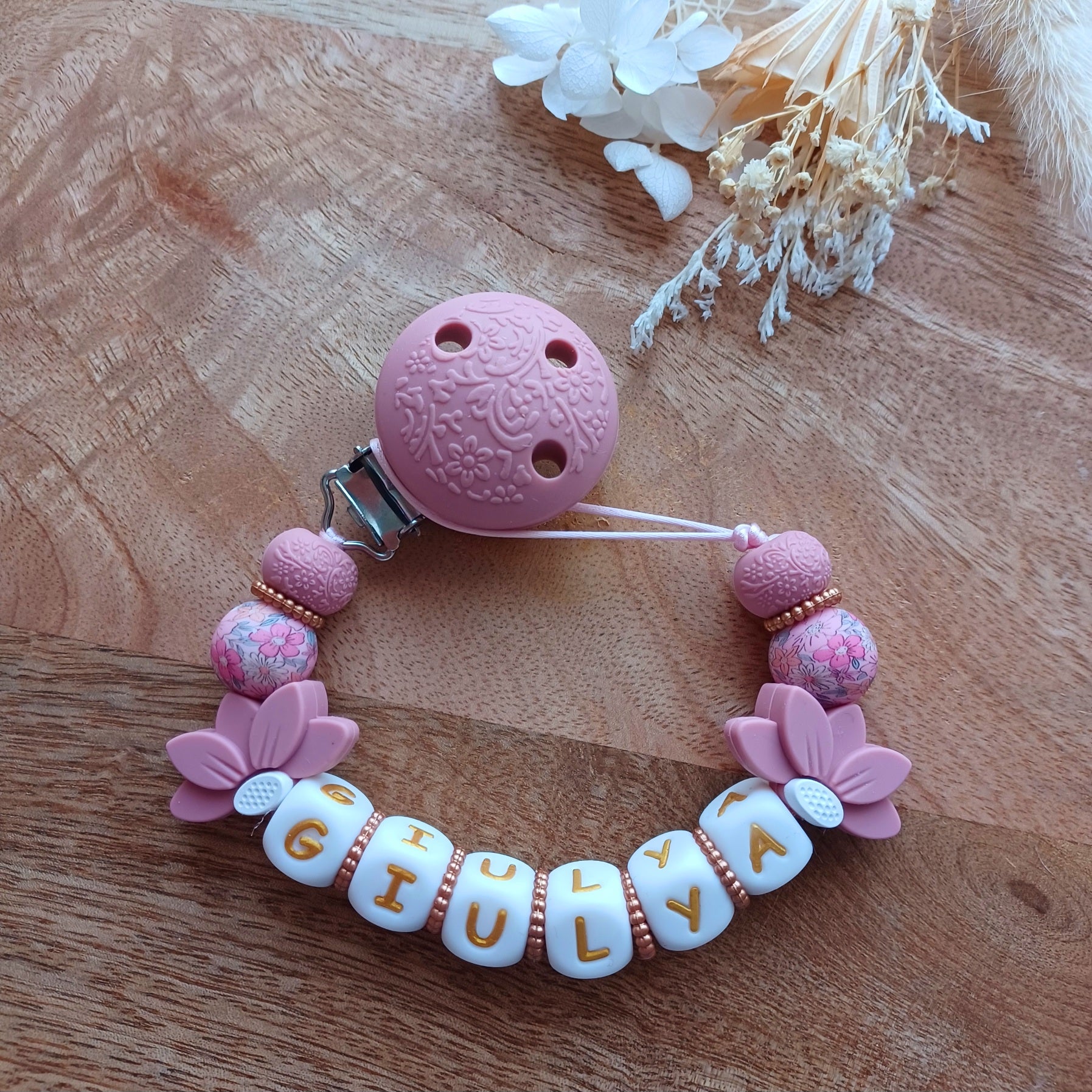 Attache tétine silicone, Arc-en-ciel, fleur rose-blanc.